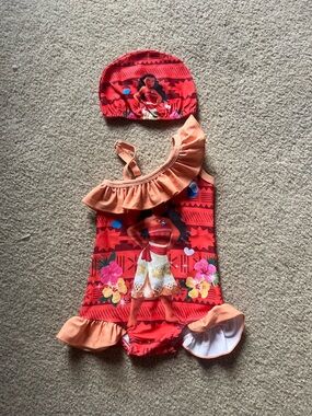 Girls Red Moana One-Piece Swimsuit with Cap